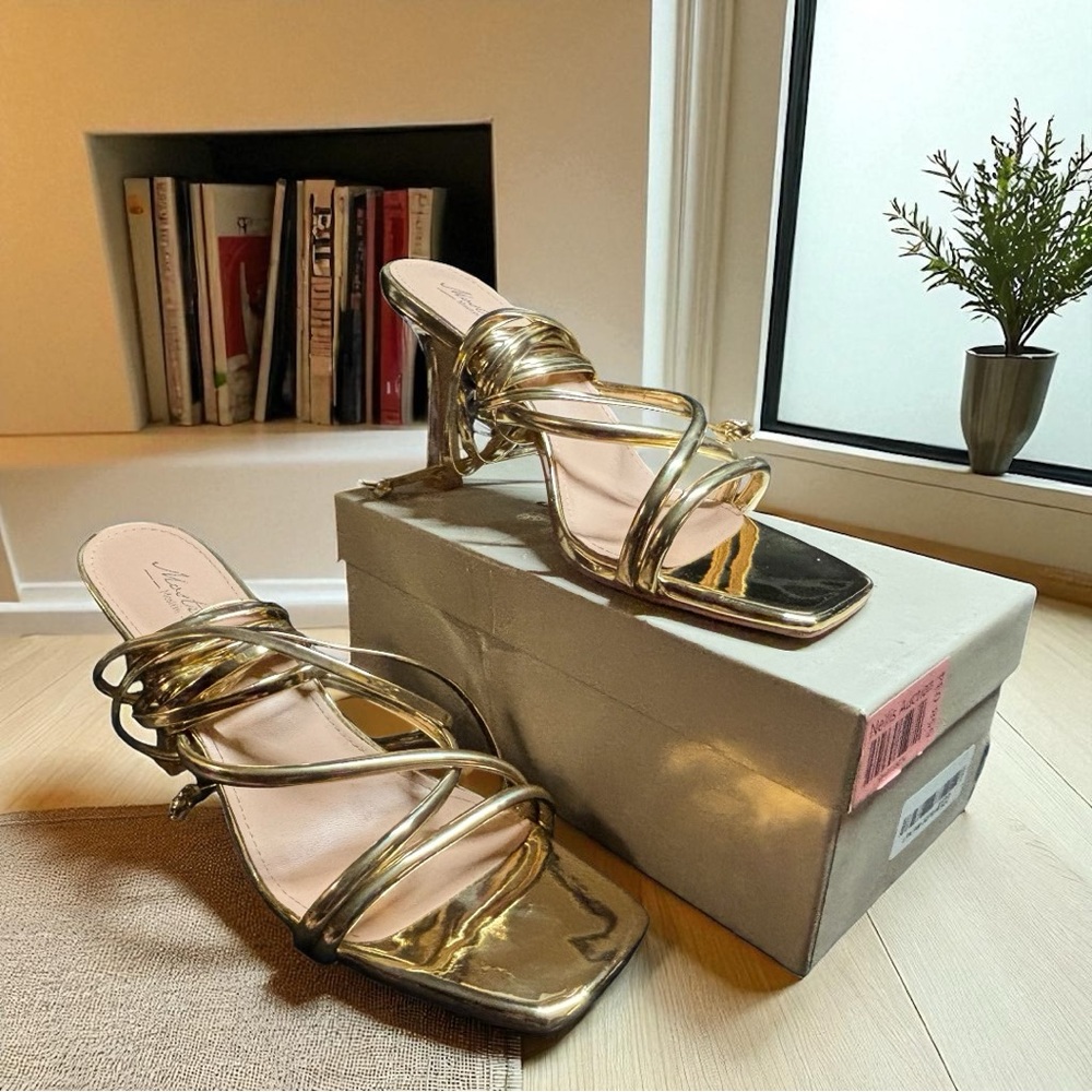 Mostrin Gold Square Toe, Strappy Heels Size 11